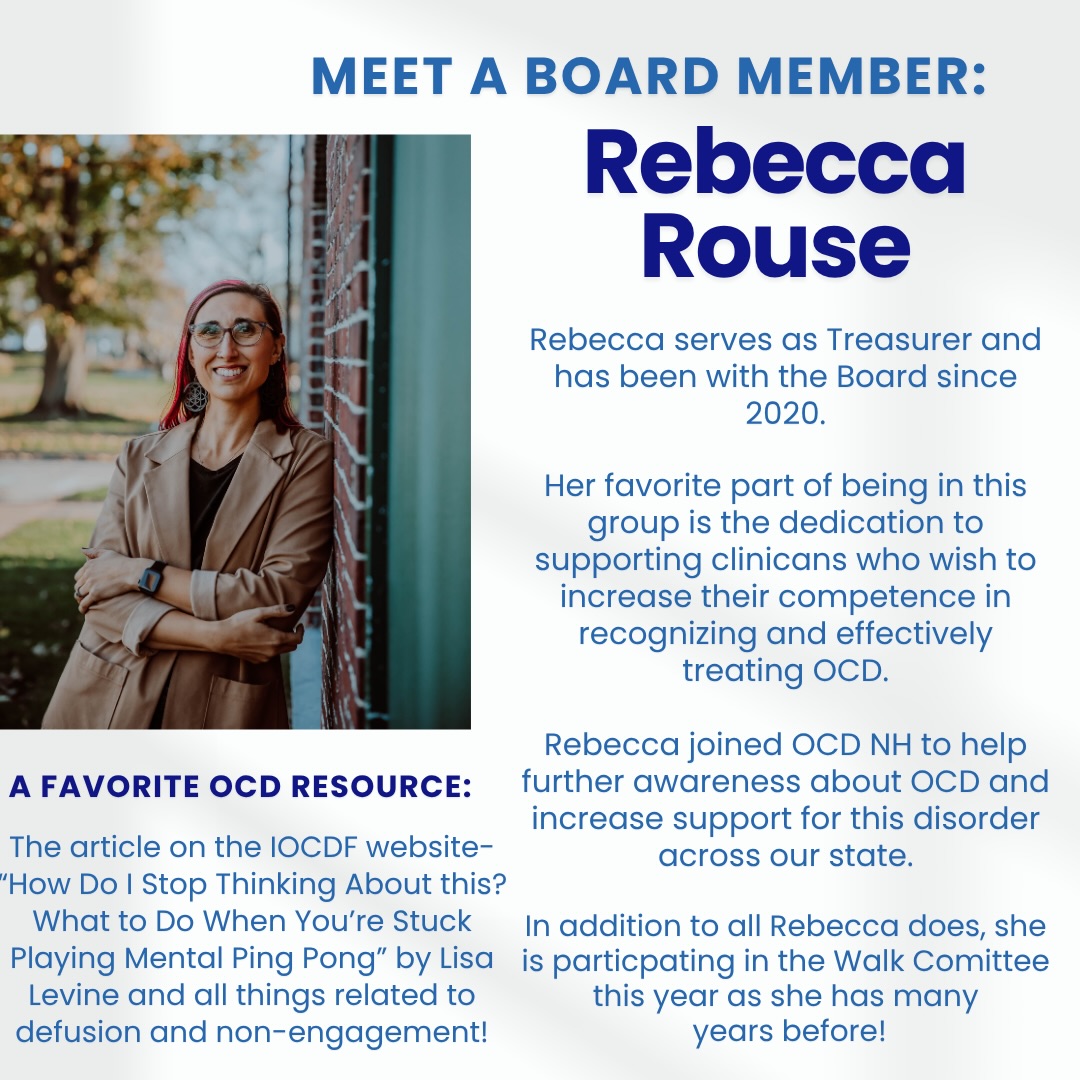 The OCD NH Executive Officers/Chairs, Board of Directors & Advisory Committee are made up of dedicated volunteers who bring their own unique experiences, perspectives, and expertise to our work.Each month, we’ll be introducing you to one of our board members so you can get to know the people helping guide our mission!For September & October , meet our Treasurer, Rebecca Rouse and our Secretary & Fundraising Committee Chair, Jeanette Nogales!  @reb.rouse @ocdandanxietycenterforchange